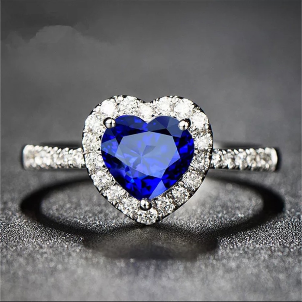 Silver Ring Bridal  Blue Heart Cubic Zirconia Ring